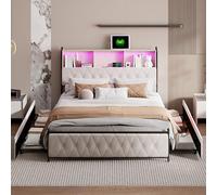 Mokylor Lit rembourré beige avec espace de rangement sous le lit, tête de lit rembourrée en velours avec lumières LED intelligentes et étagère, 4 tiroirs, cadre à lattes, port de charge USB + type C