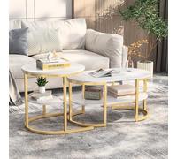 Mokylor Lot de 2 Tables Basses Rondes et ovales avec Espace de Rangement, Aspect marbre, Table de Salon, Table Basse, Cadre en Métal. (Doré-01, A)