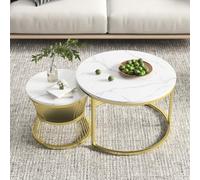 Mokylor Lot de 2 tables basses rondes, imitation marbre, table d'appoint avec cadre en métal, pour salon, chambre à coucher. Grande taille : 70 x 45,5 cm, petite taille : 45 x 40 cm. (Or-A)