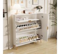 Mokylor Meuble à chaussures moderne avec 2 tiroirs rabattables et 2 niveaux de rangement pour bottes Hign Boots, organiseur de chaussures autonome avec pieds en métal, étagère à chaussures en bois