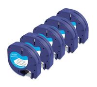 Molabel Lot de 5 rubans compatibles avec Dymo LetraTag 91221 S0721610 91201 - Plastique noir sur blanc 12mm x 4m - Pour LT-100H LT-110T imprimantes étiqueteuses