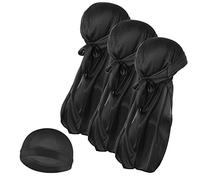 Molain Lot de 3 Bonnets Cheveux OnduléS en Soie pour Homme et 1 Bonnet de Durag Soyeux avec Longue Queue éLastiques Doux et Respirant Parfait pour Les Vagues 360/720 Noir Taille Unique
