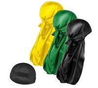 Molain Lot De 3 Bonnets Ondulés en Soie pour Homme Et 1 Bonnet Durag Soyeux avec Longue Queue De Tête Élastique Doux Et Respirant Parfait pour Les Vagues 360/720 Doré Taille Unique XL