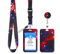 Molain Porte badge d'identification avec lanière et clip de bobine de badge rétractable, ensemble de porte cartes d'identité Starry Sky avec porte badge rétractable bobine de clé(rouge étoilé)