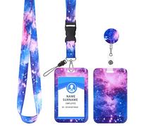 Molain Porte carte d'identité avec cordon et rouleau de badge rétractable Porte cartes d'identité Motif ciel étoilé Rouleau de clé rétractable Lanières bandoulière incassables (étoiles transparentes)