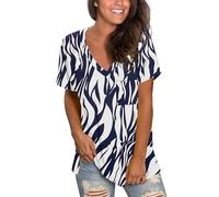 MOLERANI Chemises à col en V à Manches Courtes pour Femmes T-Shirt décontracté (2XL, Blanc Bleu Feuille)