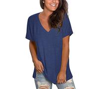 MOLERANI Chemises à col en V à Manches Courtes pour Femmes T-Shirt décontracté en Vrac Tops d'été avec Poche (M, NavyBlanc)