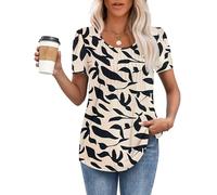 MOLERANI été T-Shirts pour Femmes décontractés T-Shirt Col Rond à Manches Courtes plissé T-Shirt Confort Amples Top Fond d'abricot Feuille Noire 2XL