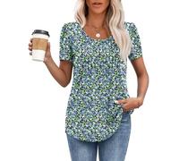 MOLERANI été T-Shirts pour Femmes décontractés T-Shirt Col Rond à Manches Courtes plissé T-Shirt Confort Amples Top Blaue grüne Blumen 2XL