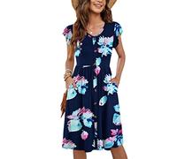 MOLERANI Femmes Casual D'été Manches V Cou Décontracté Swing Taille élastique avec Poche Robe De Midi pour Les Femmes Fleurs Bleu Marine Poudre L
