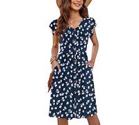 MOLERANI Femmes Casual D'été Manches V Cou Décontracté Swing Taille élastique avec Poche Robe De Midi pour Les Femmes Fleurs Bleu Marine XL