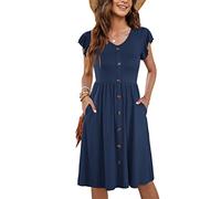 MOLERANI Femmes Casual D'été sans Manches V Cou Décontracté Swing Taille élastique avec Poche Robe De Midi pour Les Femmes Bleu Marine M