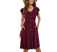MOLERANI Femmes Robe D'été sans Manches V Cou Décontracté Swing Taille élastique avec Poche Botton Down Robe De Midi pour Les Femmes Vin Rouge M