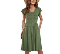 MOLERANI Femmes Robe D'été sans Manches V Cou Décontracté Swing Taille élastique avec Poche Robe De Midi pour Les Femmes Vert Armée M