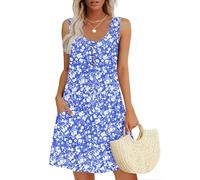 MOLERANI Femmes Robes d'été pour Robes sans Manches Robe à col Rond Casual Lâche Robe Midi avec Poches Fleuri Bleu et Blanc L