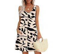MOLERANI Femmes Robes d'été pour Robes sans Manches Robe à col Rond Casual Lâche Robe Midi avec Poches Fond d'abricot Feuille Noire XL