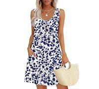 MOLERANI Femmes Robes d'été pour Robes sans Manches Robe à col Rond Casual Lâche Robe Midi avec Poches Feuilles Blanches M