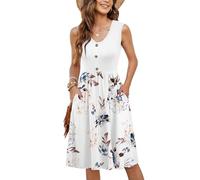 MOLERANI Femmes Robes d'été sans Manches Casual Lâche Swing Button Down Robe Midi avec Poches Fleurs Blanches XL