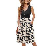 MOLERANI Femmes Robes d'été sans Manches Casual Lâche Swing Button Down Robe Midi avec Poches Fond d'abricot Feuille Noire L