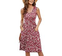 MOLERANI Femmes Robes d'été sans Manches Casual Lâche Swing Button Down Robe Midi avec Poches Rouge Floral M