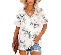 MOLERANI Femmes T-Shirts À Manches Courtes Col en V Rayé Tops D'été Casual T-Shirt Lâche（Floral Blanc Rose,L）