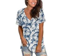 MOLERANI Hauts ajustés pour Femmes à Manches Courtes col en V t-Shirts d'été t-Shirts décontractés Cercle Bleu Et Blanc XL