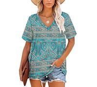 MOLERANI Hauts pour Femmes T-Shirt à Manches Courtes et col en V Tunique d'été décontractée (Boho Floral Vert,XXL)