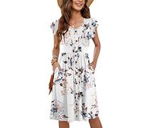 MOLERANI Robe d'été décontractée sans Manches V Cou Décontracté Swing Taille élastique avec Poche Robe De Midi pour Les Femmes Fleurs Blanches L