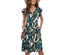 MOLERANI Robe d'été décontractée sans Manches V Cou Décontracté Swing Taille élastique avec Poche Robe De Midi pour Les Femmes Impression De Feuilles M