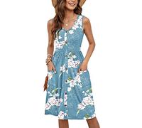 MOLERANI Robe d'été Florale pour Femme avec col en V et Bouton sur Le Devant sans Manches avec Poches Bleu Clair Floral S