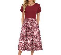 MOLERANI Robe D'été pour Femme Décontractée Col Rond Imprimée Mi Longue Robe Pétale Manches Courtes Chic et Elegant Robes Poids Rouges à Pois M