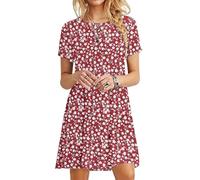 MOLERANI Robe d'été pour Femme Robe t-Shirt décontractée à Manches Courtes Robe de Plage pour Femme Fleur Rouge M