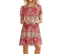 MOLERANI Robe d'été pour Femme T-Shirt décontracté à Manches Courtes Robe de Plage Ample Swing Robe pour Femme (S, Boho Fleuri Rouge)