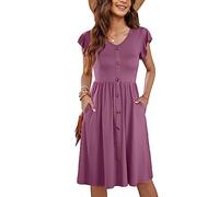 MOLERANI Robe mi-Longue D'été sans Manches V Cou Décontracté Swing Taille élastique avec Poche Robe De Midi pour Les Femmes Violet Pâle 2XL