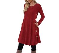 MOLERANI Robe Pull Femme Manches Longues Robe Tunique Décontractée Boutonnée avec Poches（Rouge Vif，L）