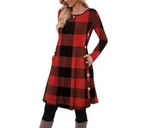 MOLERANI Robe Pull pour Femme à Manches Longues Robe Tunique boutonnée décontractée avec Poches Rouge Treillis S