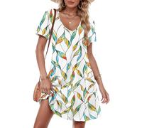 MOLERANI Robes pour femmes UK - Robe d'été décontractée à manches courtes et col en V avec poches, tailles S à 2XL, Byg Leaf, L