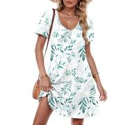 MOLERANI Robes pour femmes UK - Robe d'été décontractée à manches courtes et col en V avec poches, tailles S à 2XL, Feuille blanche et verte, XXL