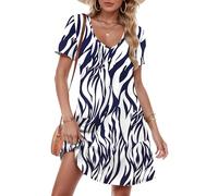 MOLERANI Robes pour femmes UK - Robe d'été décontractée à manches courtes et col en V avec poches, tailles S à 2XL, Feuille blanche et bleu marine, XXL