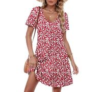 MOLERANI Robes pour femmes UK - Robe d'été décontractée à manches courtes et col en V avec poches, tailles S à 2XL, Motif fleur Rouge, XXL