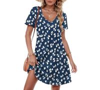 MOLERANI Robes pour femmes UK - Robe d'été décontractée à manches courtes et col en V avec poches, tailles S à 2XL, Motif floral bleu marine., L