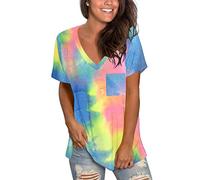 MOLERANI T-Shirt décontracté Ample à Manches Courtes pour Femmes col en V Teint Rose Jaune Bleu 2XL