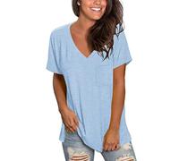 MOLERANI T-shirt Femme Bleu Ciel M Col En V Manches Courtes Été Casual Uni Poche Latérale Lavable En Machine À Basses Températures Douce Léger Extensible