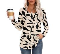 MOLERANI t Shirt Femme décontractés T-Shirt Col Rond Chemise à Manches Longues plissé T-Shirt Confort Amples Top Abricot Feuille Noire L