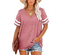 MOLERANI T-Shirts d'été pour Femmes à Manches rayées et col en V（Rose，XL）