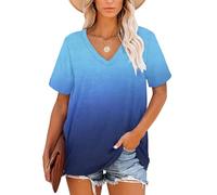 MOLERANI t-Shirts pour Femmes à Manches Courtes col en V Hauts d'été Garniture rayée t-Shirt décontracté en Vrac Bleu dégradé M
