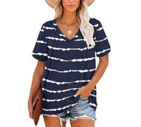 MOLERANI t-Shirts pour Femmes à Manches Courtes col en V Hauts d'été Garniture rayée t-Shirt décontracté en Vrac（Rayé ondulé Marine,M）