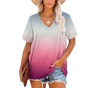 MOLERANI t-Shirts pour Femmes à Manches Courtes col en V Hauts d'été Garniture rayée t-Shirt décontracté en Vrac Gris dégradé Rose 2XL