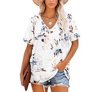 MOLERANI Tops pour Femme d'été à Manches Courtes Tops col en V pour Femme (Floral Blanco Rosa, S)