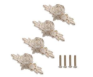 MOLERRI 4Piece Flower Drawer Pull Handles Rose Button With Plate For Dresser Vanity Nightstand Placard